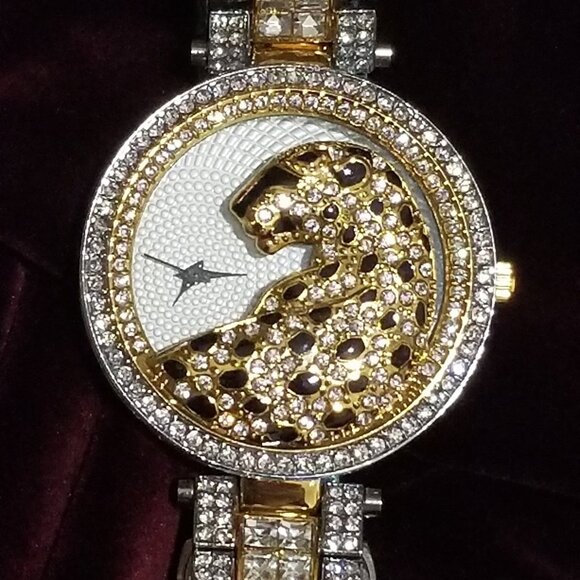 Two Tone Gold & CZ Diamond Leopard BLING Watch